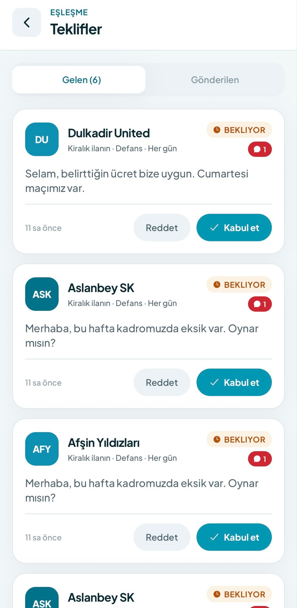 Saha46 teklifler ekranı: ilana gelen takım tekliflerinin listesi